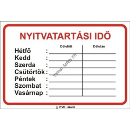 Nyitvatartási ido pvc 230x155mm