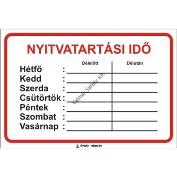 Nyitvatartási ido pvc 230x155mm